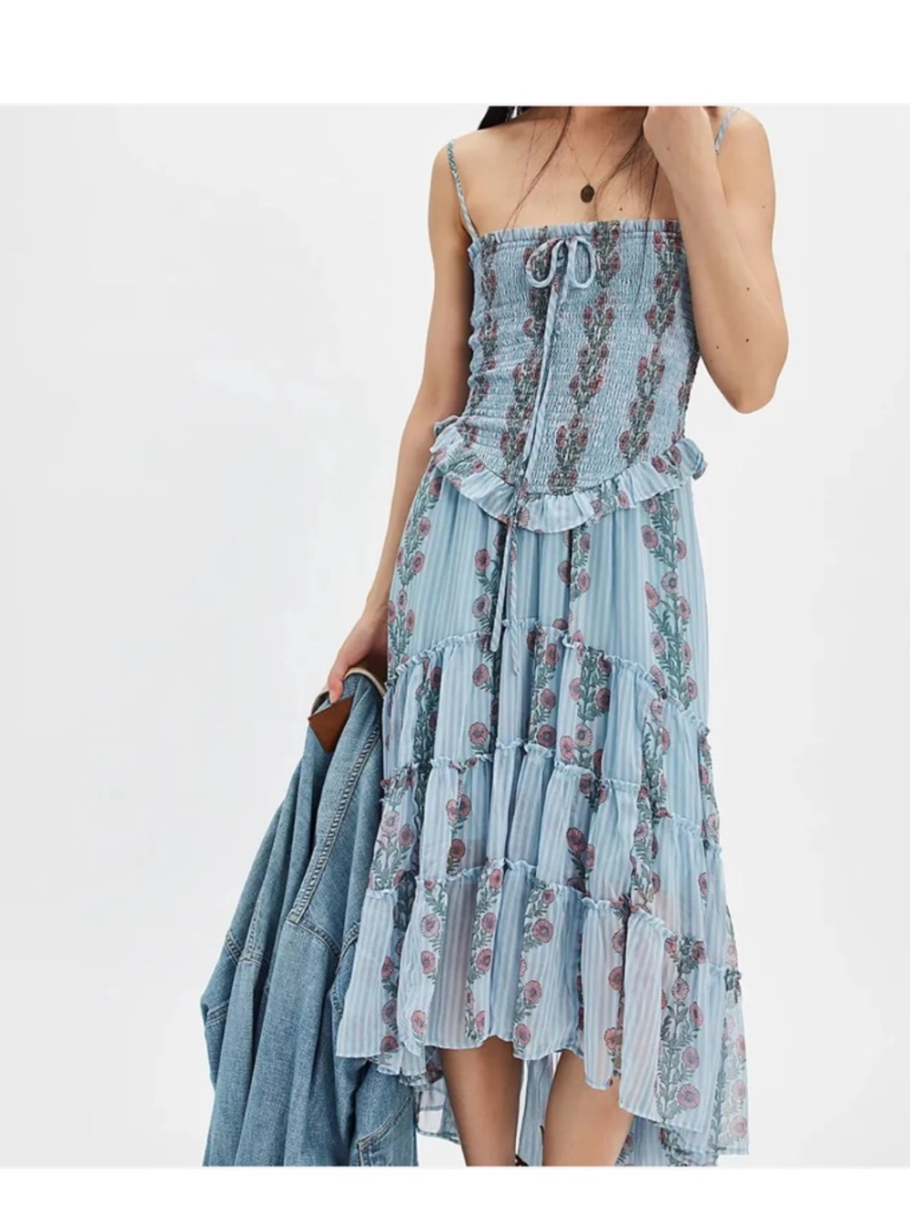 Free People Alejandra Smocked Floral Midi Dress in Light Blue size M
